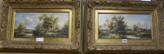 A pair of oils on board of figures in landscapes, signed M. Beale, 19 x 39cm